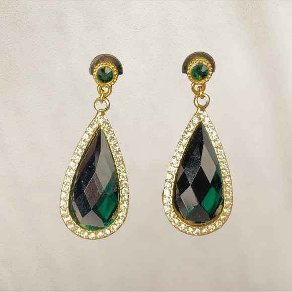 Jewelry - Green Crystal Drop Statement Earrings in Goldtone